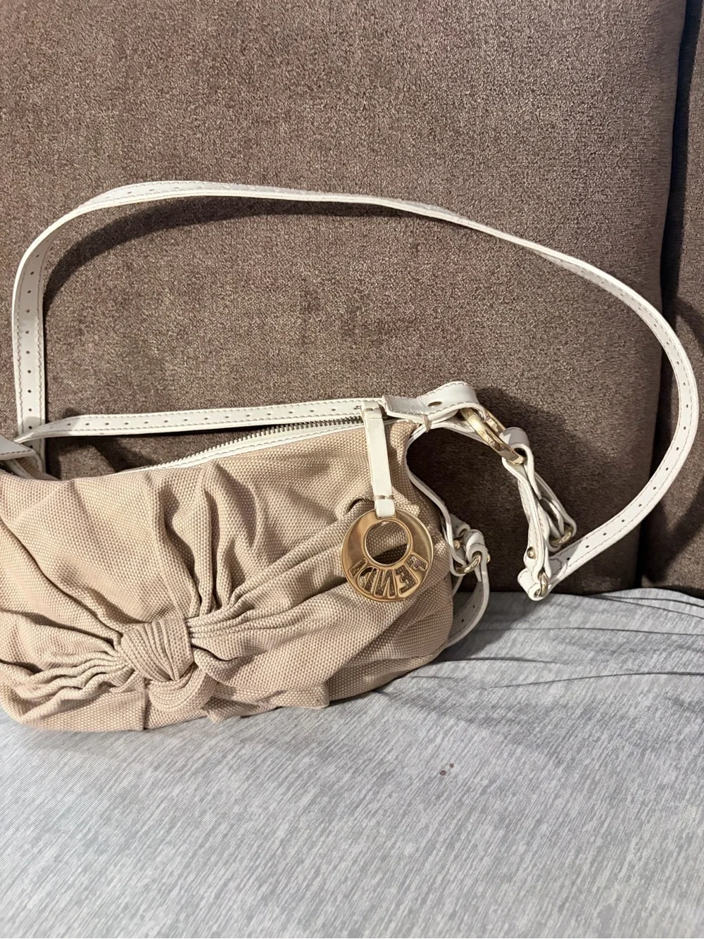 Fendi Beige Knot-Front Crossbody with White Strap